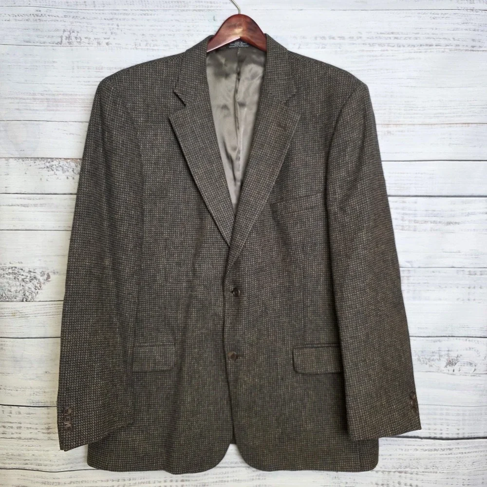 Woolrich Blazer Mens 46L Brown Green Tweed 100% Lambswool Sport Coat 2‎ Button